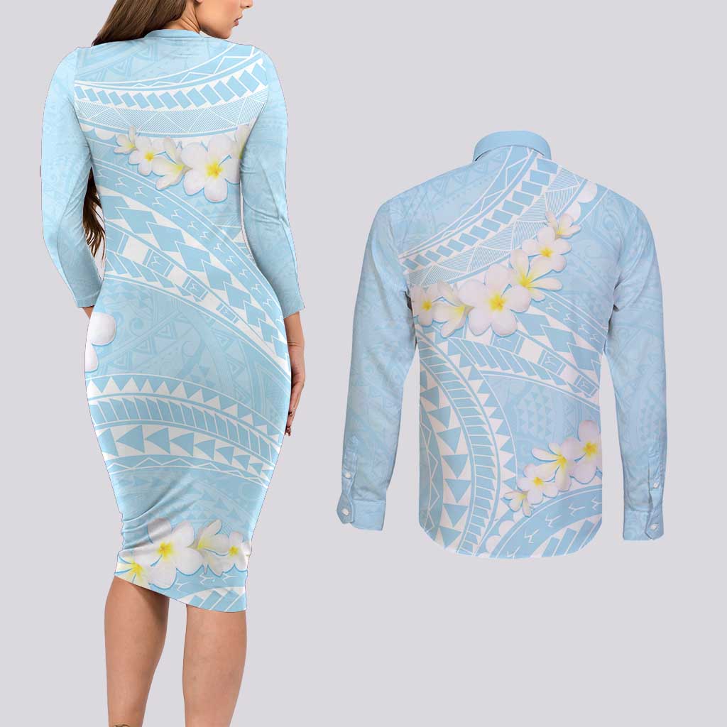 Polynesian Vintage Floral Couples Matching Long Sleeve Bodycon Dress and Long Sleeve Button Shirt Azure Motifs LT7 - Polynesian Pride