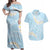 Polynesian Vintage Floral Couples Matching Off Shoulder Maxi Dress and Hawaiian Shirt Azure Motifs - Polynesian Pride