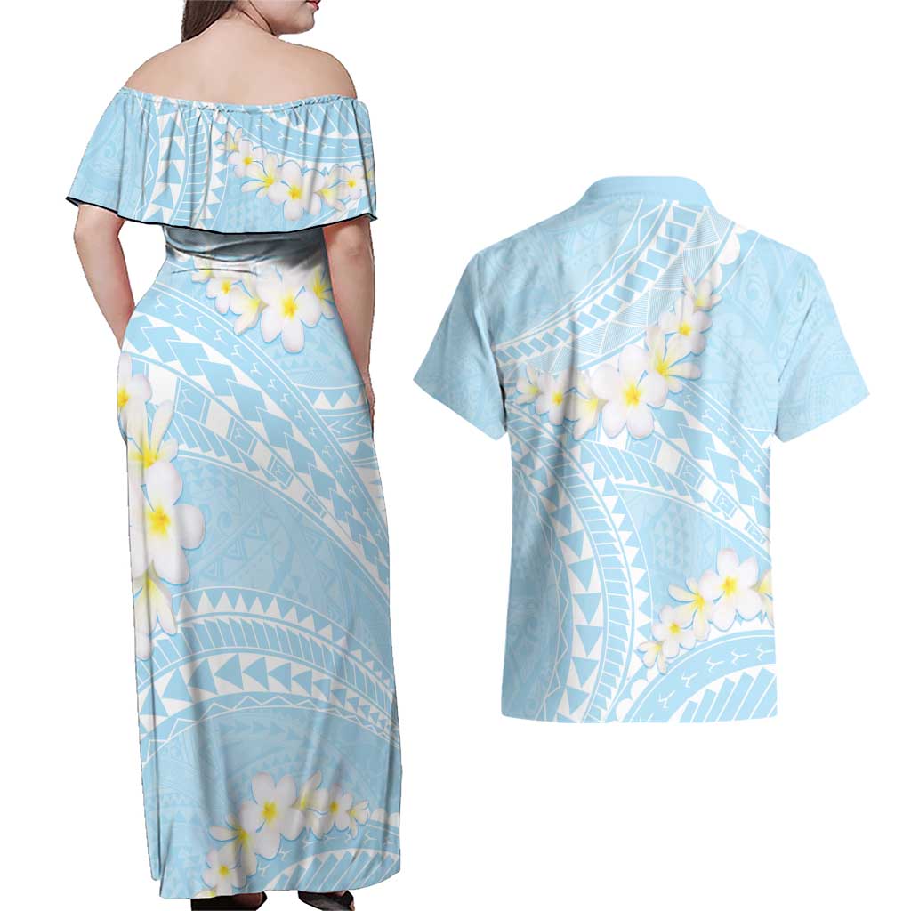 Polynesian Vintage Floral Couples Matching Off Shoulder Maxi Dress and Hawaiian Shirt Azure Motifs LT7 - Polynesian Pride