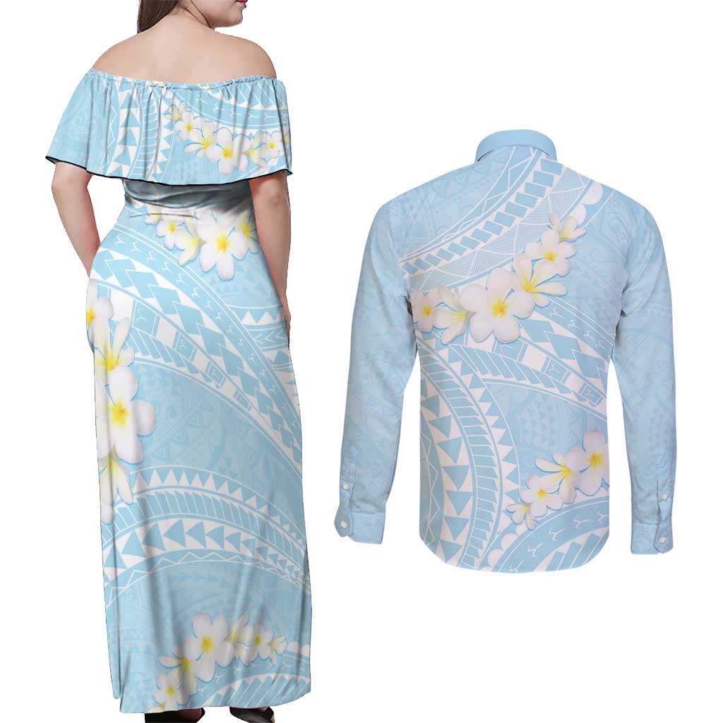 Polynesian Vintage Floral Couples Matching Off Shoulder Maxi Dress and Long Sleeve Button Shirt Azure Motifs LT7 - Polynesian Pride