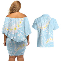 Polynesian Vintage Floral Couples Matching Off Shoulder Short Dress and Hawaiian Shirt Azure Motifs LT7 - Polynesian Pride