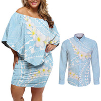 Polynesian Vintage Floral Couples Matching Off Shoulder Short Dress and Long Sleeve Button Shirt Azure Motifs LT7 Azure - Polynesian Pride