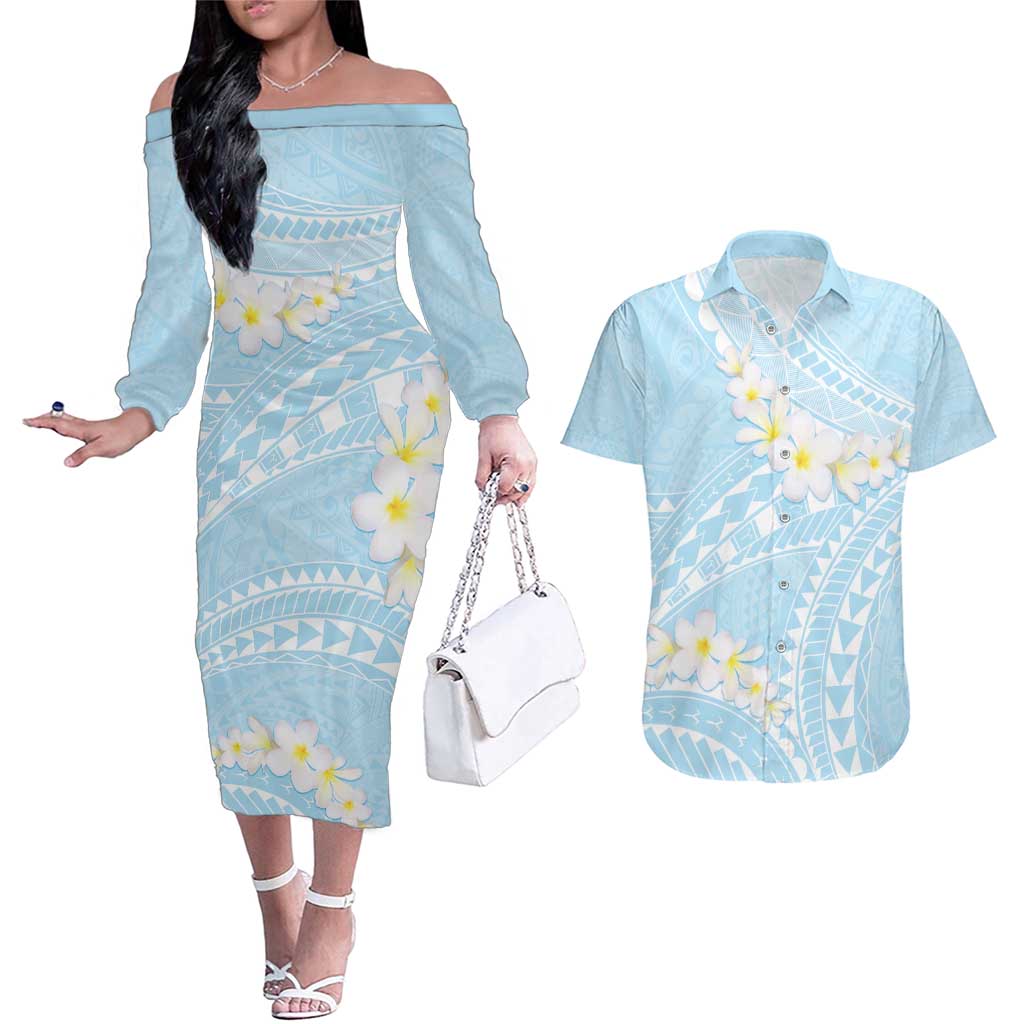Polynesian Vintage Floral Couples Matching Off The Shoulder Long Sleeve Dress and Hawaiian Shirt Azure Motifs - Polynesian Pride