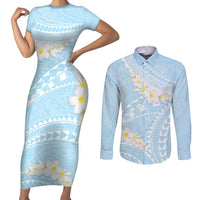 Polynesian Vintage Floral Couples Matching Short Sleeve Bodycon Dress and Long Sleeve Button Shirt Azure Motifs LT7 Azure - Polynesian Pride