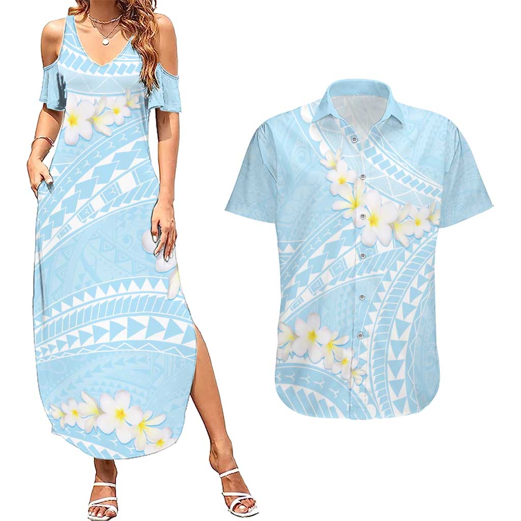 Polynesian Vintage Floral Couples Matching Summer Maxi Dress and Hawaiian Shirt Azure Motifs LT7 Azure - Polynesian Pride