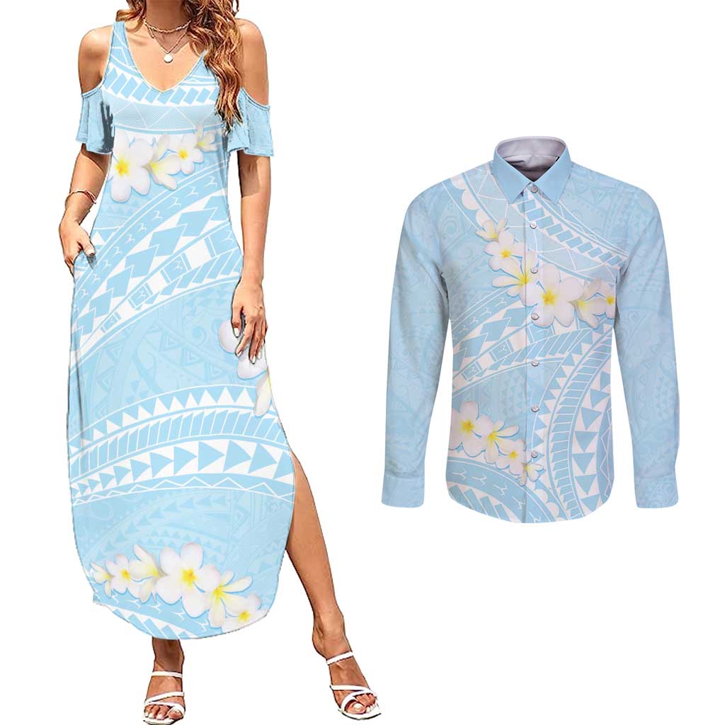 Polynesian Vintage Floral Couples Matching Summer Maxi Dress and Long Sleeve Button Shirt Azure Motifs LT7 Azure - Polynesian Pride