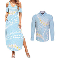 Polynesian Vintage Floral Couples Matching Summer Maxi Dress and Long Sleeve Button Shirt Azure Motifs LT7 Azure - Polynesian Pride