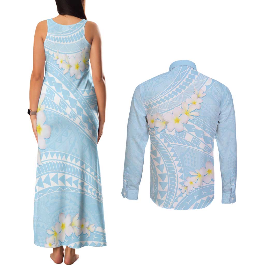 Polynesian Vintage Floral Couples Matching Tank Maxi Dress and Long Sleeve Button Shirt Azure Motifs LT7 - Polynesian Pride
