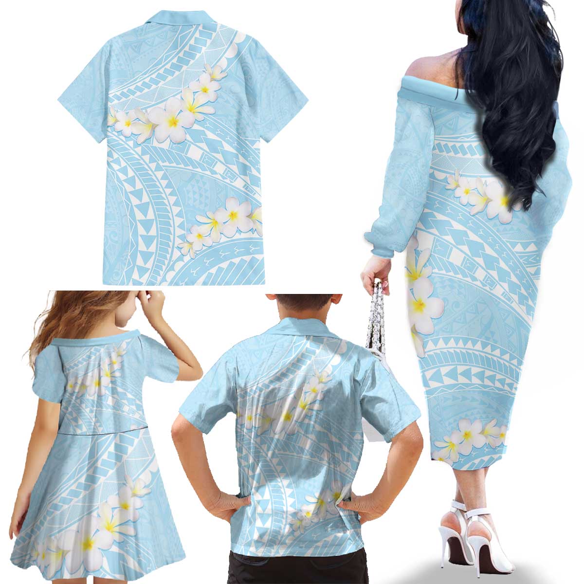 Polynesian Vintage Floral Family Matching Off The Shoulder Long Sleeve Dress and Hawaiian Shirt Azure Motifs - Polynesian Pride