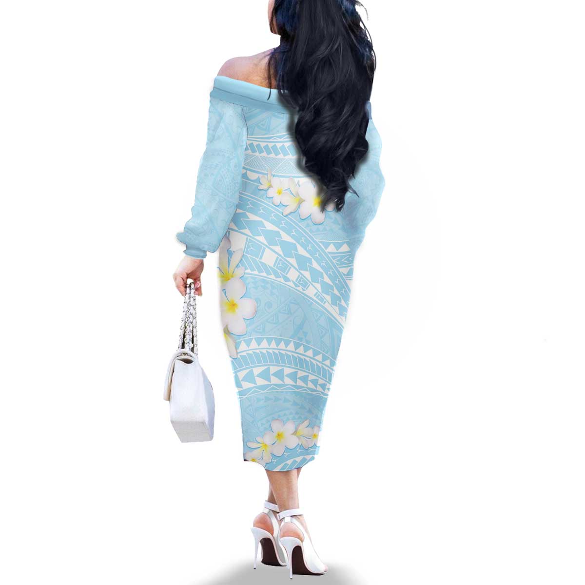 Polynesian Vintage Floral Family Matching Off The Shoulder Long Sleeve Dress and Hawaiian Shirt Azure Motifs - Polynesian Pride