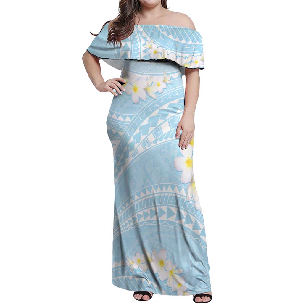 Polynesian Vintage Floral Off Shoulder Maxi Dress Azure Motifs - Polynesian Pride