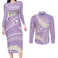 Polynesian Vintage Floral Couples Matching Long Sleeve Bodycon Dress and Long Sleeve Button Shirt Lavender Motifs LT7 Lavender - Polynesian Pride