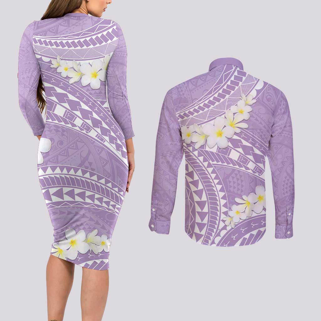 Polynesian Vintage Floral Couples Matching Long Sleeve Bodycon Dress and Long Sleeve Button Shirt Lavender Motifs LT7 - Polynesian Pride