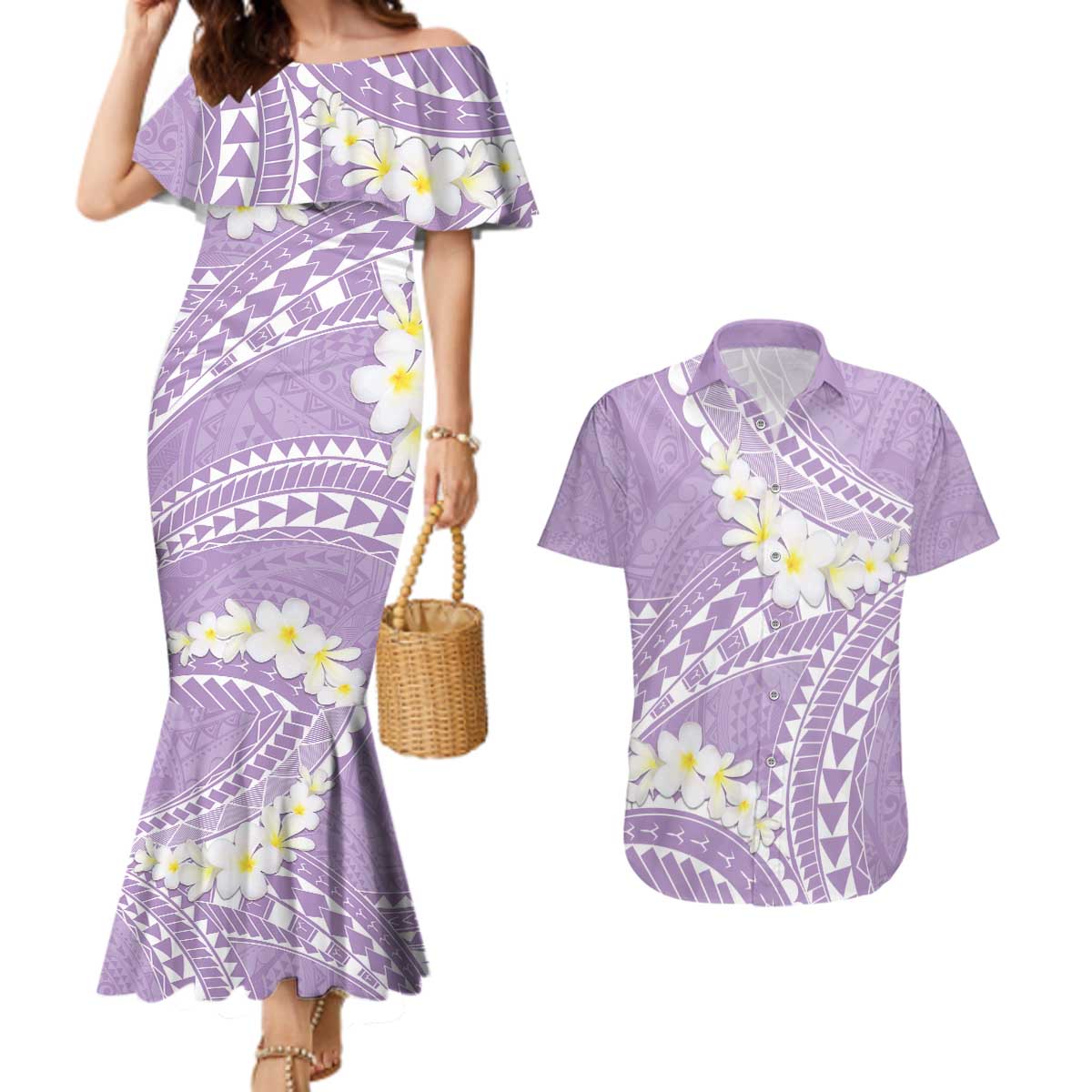 Polynesian Vintage Floral Couples Matching Mermaid Dress and Hawaiian Shirt Lavender Motifs LT7 Lavender - Polynesian Pride