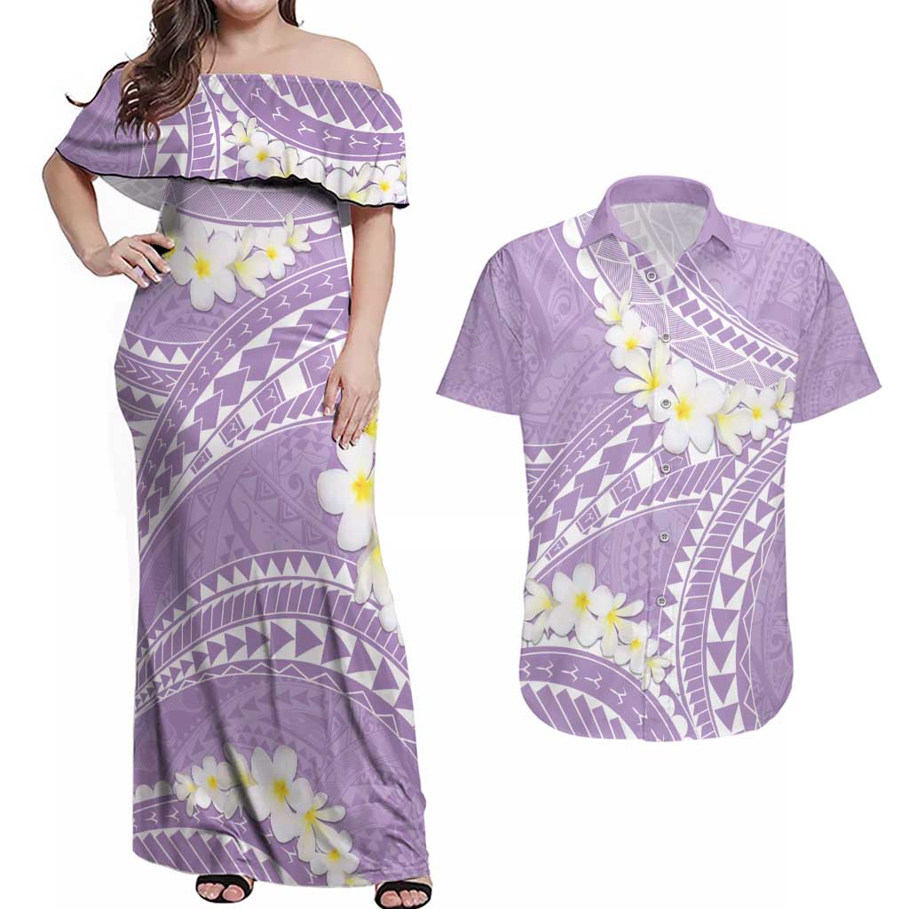 Polynesian Vintage Floral Couples Matching Off Shoulder Maxi Dress and Hawaiian Shirt Lavender Motifs LT7 Lavender - Polynesian Pride