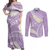Polynesian Vintage Floral Couples Matching Off Shoulder Maxi Dress and Long Sleeve Button Shirt Lavender Motifs LT7 Lavender - Polynesian Pride