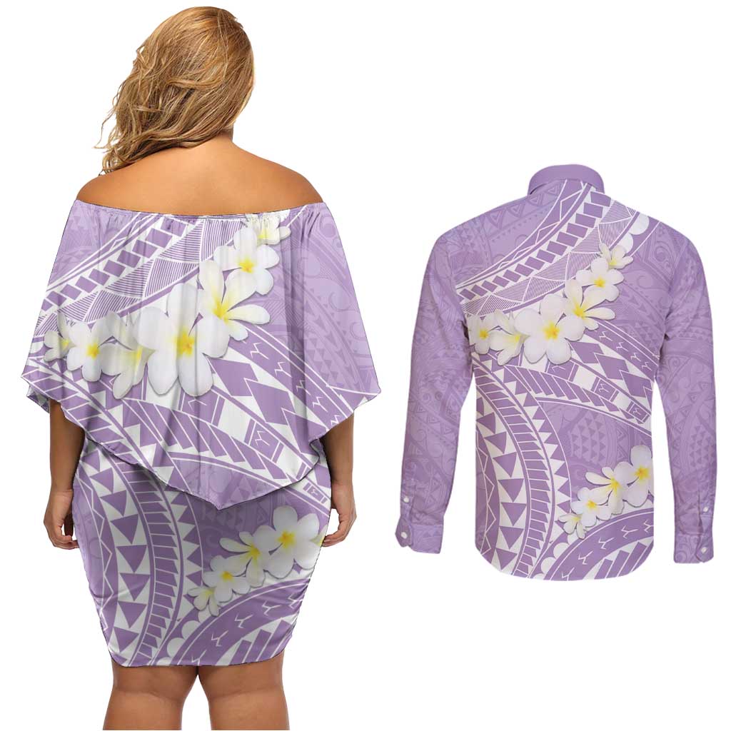 Polynesian Vintage Floral Couples Matching Off Shoulder Short Dress and Long Sleeve Button Shirt Lavender Motifs LT7 - Polynesian Pride