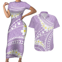Polynesian Vintage Floral Couples Matching Short Sleeve Bodycon Dress and Hawaiian Shirt Lavender Motifs LT7 Lavender - Polynesian Pride
