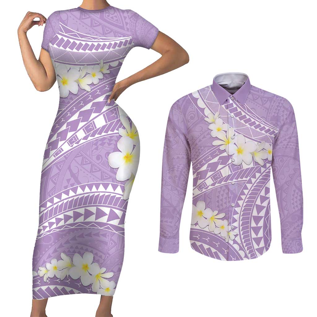 Polynesian Vintage Floral Couples Matching Short Sleeve Bodycon Dress and Long Sleeve Button Shirt Lavender Motifs LT7 Lavender - Polynesian Pride