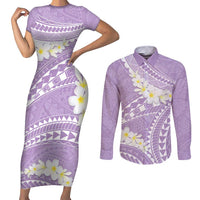 Polynesian Vintage Floral Couples Matching Short Sleeve Bodycon Dress and Long Sleeve Button Shirt Lavender Motifs LT7 Lavender - Polynesian Pride