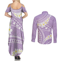 Polynesian Vintage Floral Couples Matching Summer Maxi Dress and Long Sleeve Button Shirt Lavender Motifs LT7 - Polynesian Pride