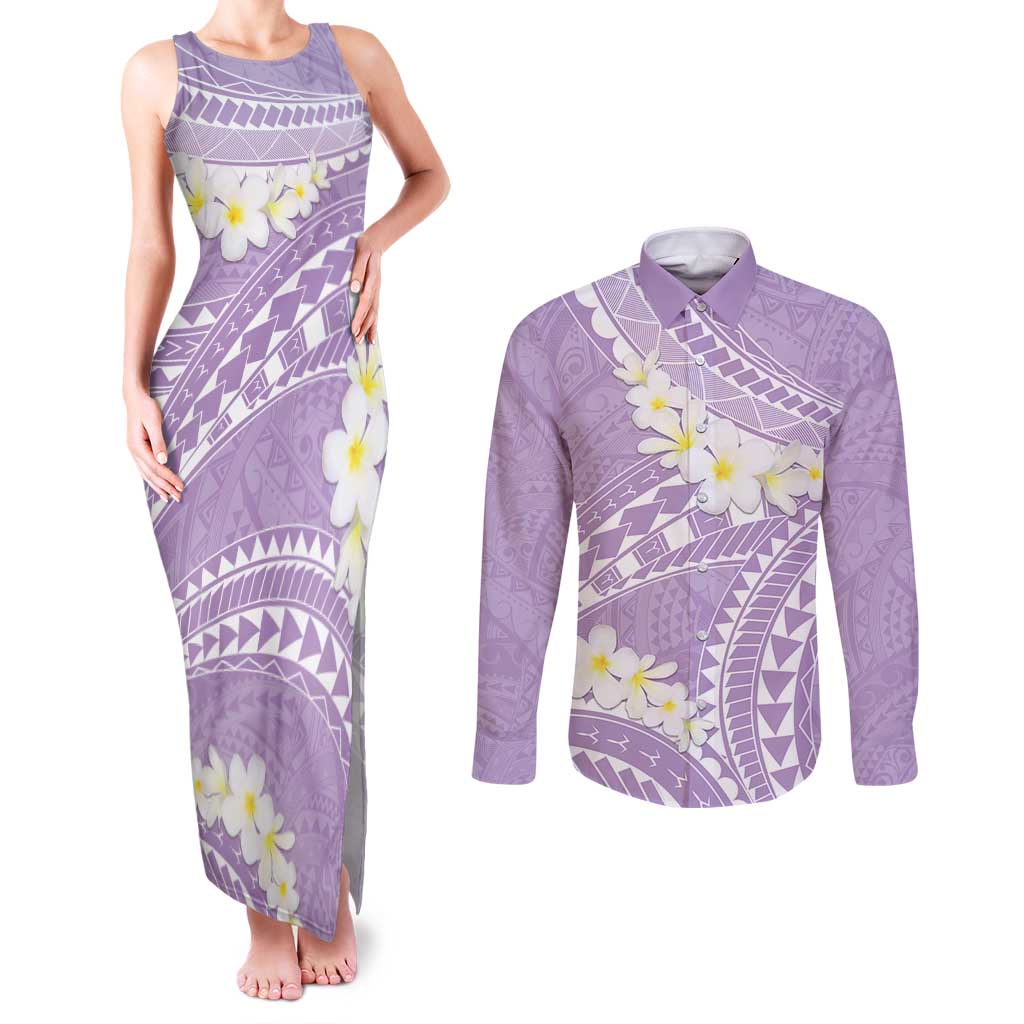Polynesian Vintage Floral Couples Matching Tank Maxi Dress and Long Sleeve Button Shirt Lavender Motifs LT7 Lavender - Polynesian Pride