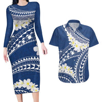Polynesian Vintage Floral Couples Matching Long Sleeve Bodycon Dress and Hawaiian Shirt Navy Blue Motifs LT7 Navy Blue - Polynesian Pride