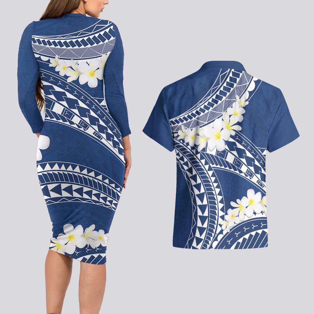 Polynesian Vintage Floral Couples Matching Long Sleeve Bodycon Dress and Hawaiian Shirt Navy Blue Motifs LT7 - Polynesian Pride