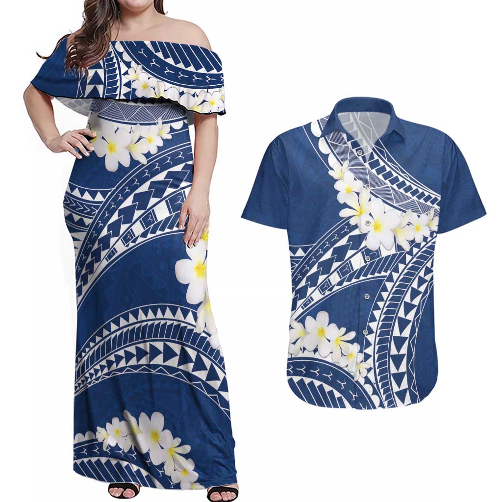 Polynesian Vintage Floral Couples Matching Off Shoulder Maxi Dress and Hawaiian Shirt Navy Blue Motifs LT7 Navy Blue - Polynesian Pride