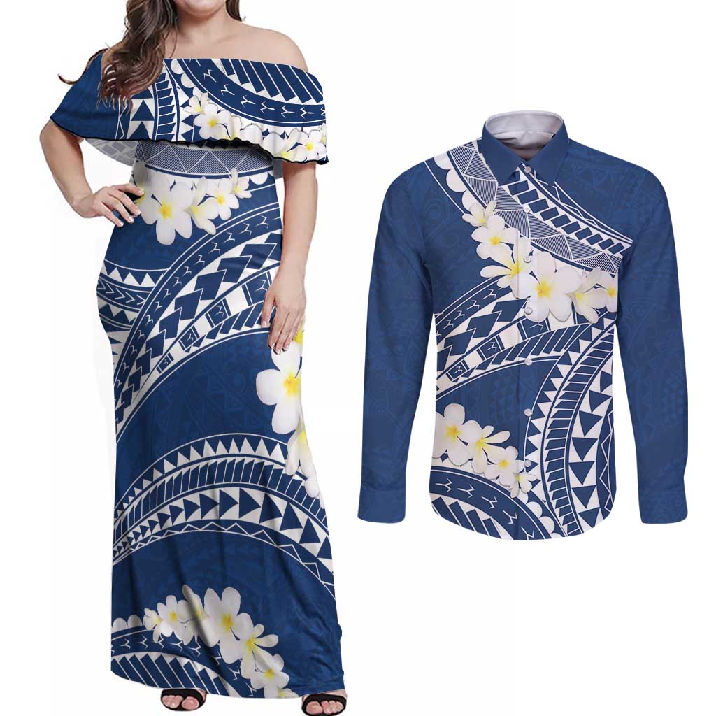Polynesian Vintage Floral Couples Matching Off Shoulder Maxi Dress and Long Sleeve Button Shirt Navy Blue Motifs LT7 Navy Blue - Polynesian Pride