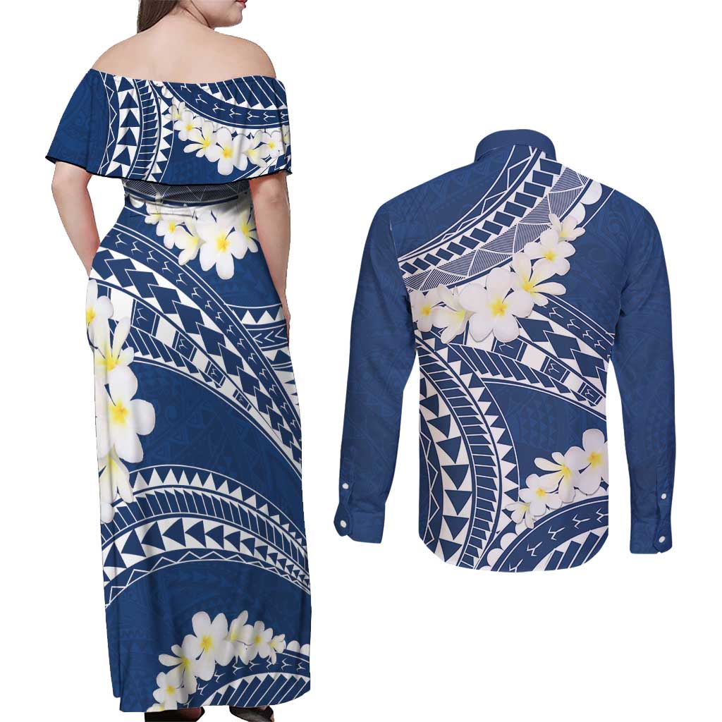 Polynesian Vintage Floral Couples Matching Off Shoulder Maxi Dress and Long Sleeve Button Shirt Navy Blue Motifs LT7 - Polynesian Pride