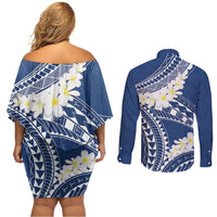 Polynesian Vintage Floral Couples Matching Off Shoulder Short Dress and Long Sleeve Button Shirt Navy Blue Motifs LT7 - Polynesian Pride