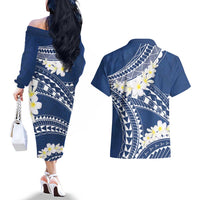 Polynesian Vintage Floral Couples Matching Off The Shoulder Long Sleeve Dress and Hawaiian Shirt Navy Blue Motifs - Polynesian Pride