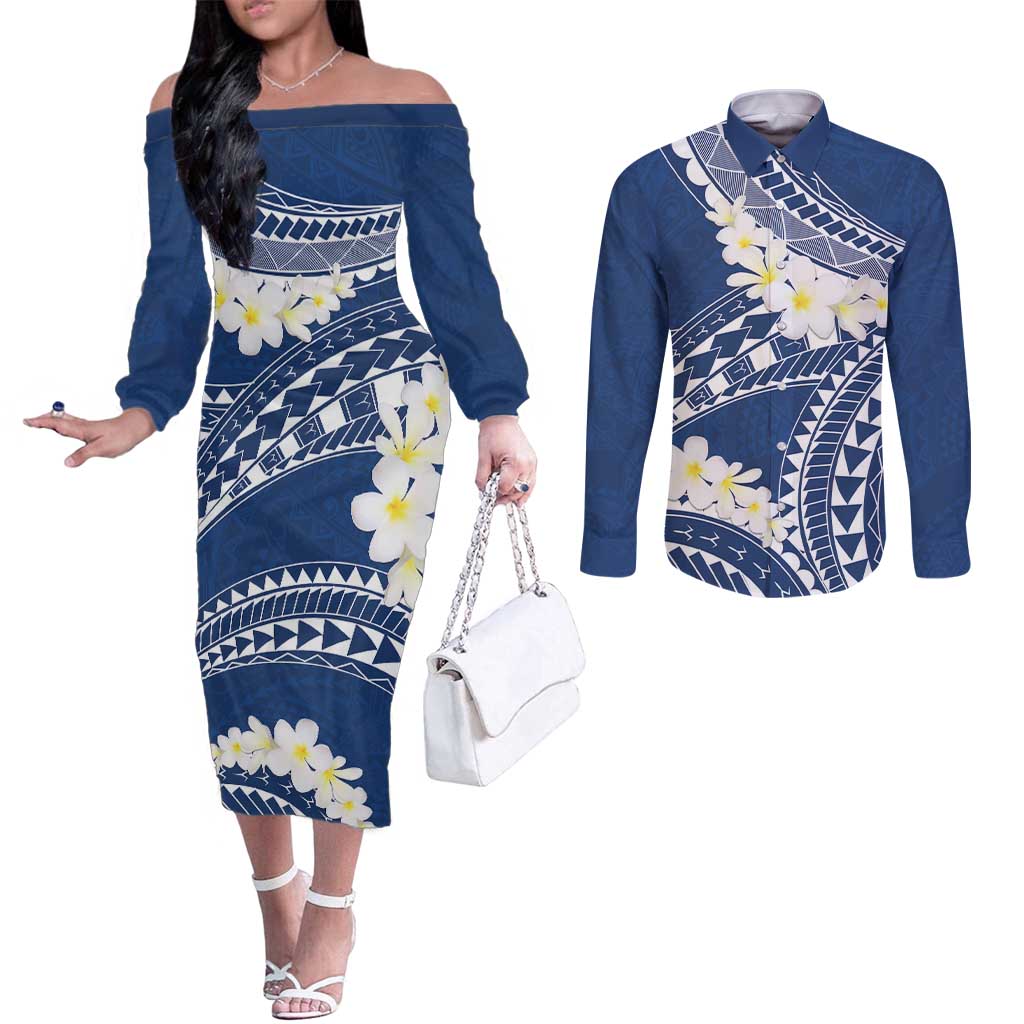 Polynesian Vintage Floral Couples Matching Off The Shoulder Long Sleeve Dress and Long Sleeve Button Shirt Navy Blue Motifs LT7 Navy Blue - Polynesian Pride
