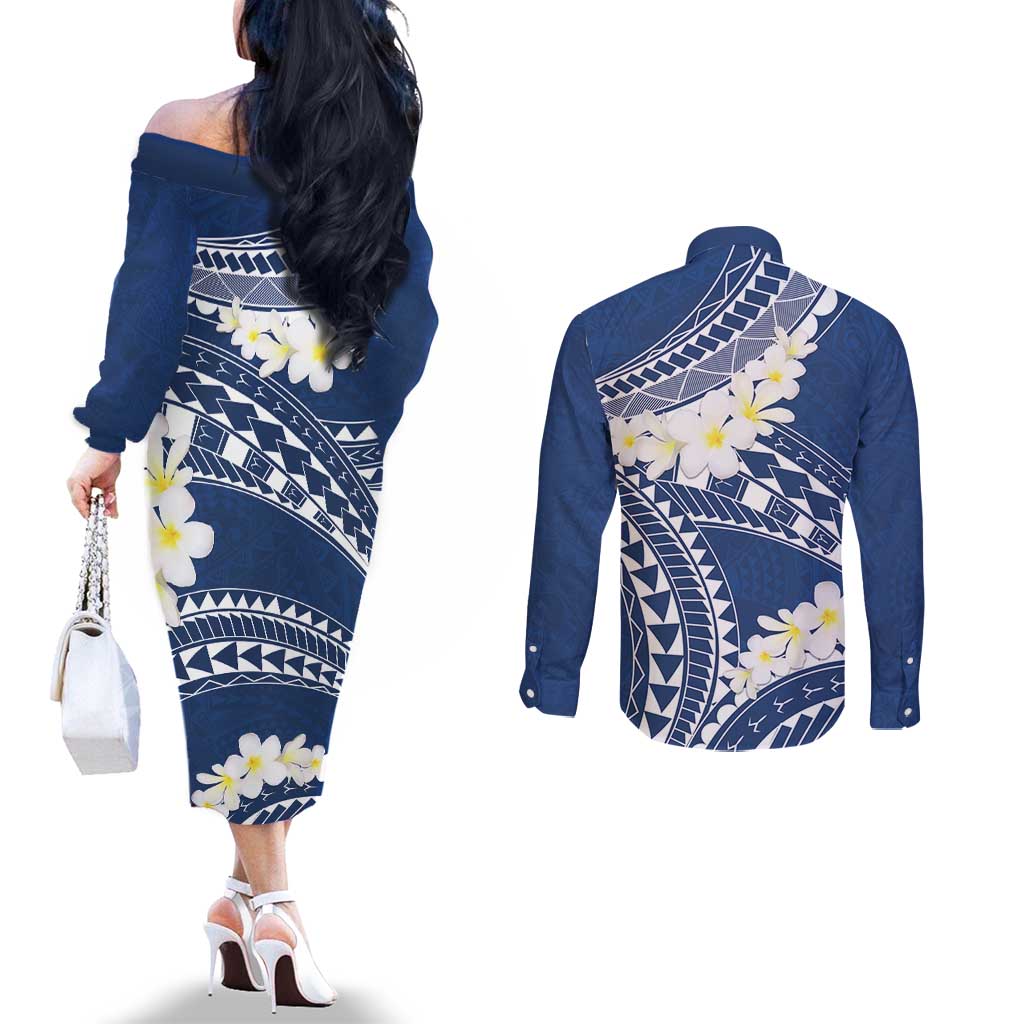 Polynesian Vintage Floral Couples Matching Off The Shoulder Long Sleeve Dress and Long Sleeve Button Shirt Navy Blue Motifs LT7 - Polynesian Pride