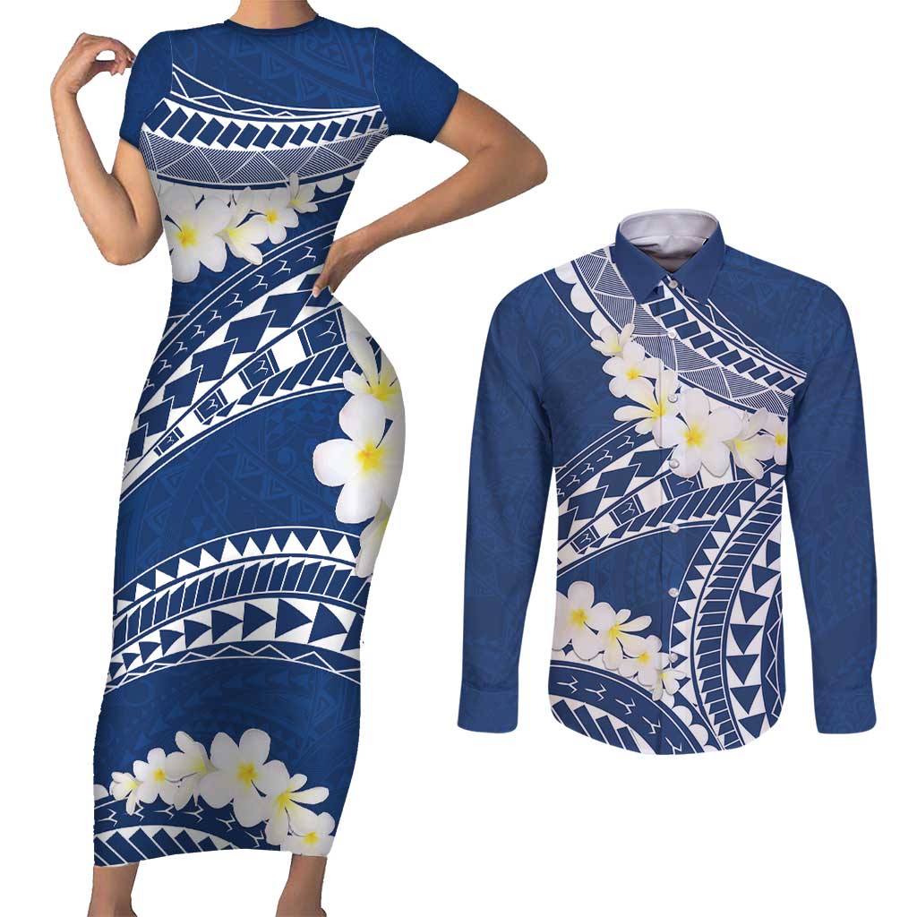Polynesian Vintage Floral Couples Matching Short Sleeve Bodycon Dress and Long Sleeve Button Shirt Navy Blue Motifs LT7 Navy Blue - Polynesian Pride