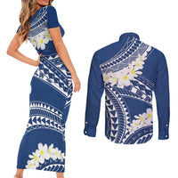 Polynesian Vintage Floral Couples Matching Short Sleeve Bodycon Dress and Long Sleeve Button Shirt Navy Blue Motifs LT7 - Polynesian Pride