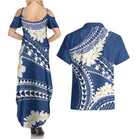 Polynesian Vintage Floral Couples Matching Summer Maxi Dress and Hawaiian Shirt Navy Blue Motifs LT7 - Polynesian Pride