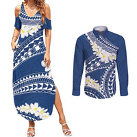 Polynesian Vintage Floral Couples Matching Summer Maxi Dress and Long Sleeve Button Shirt Navy Blue Motifs LT7 Navy Blue - Polynesian Pride