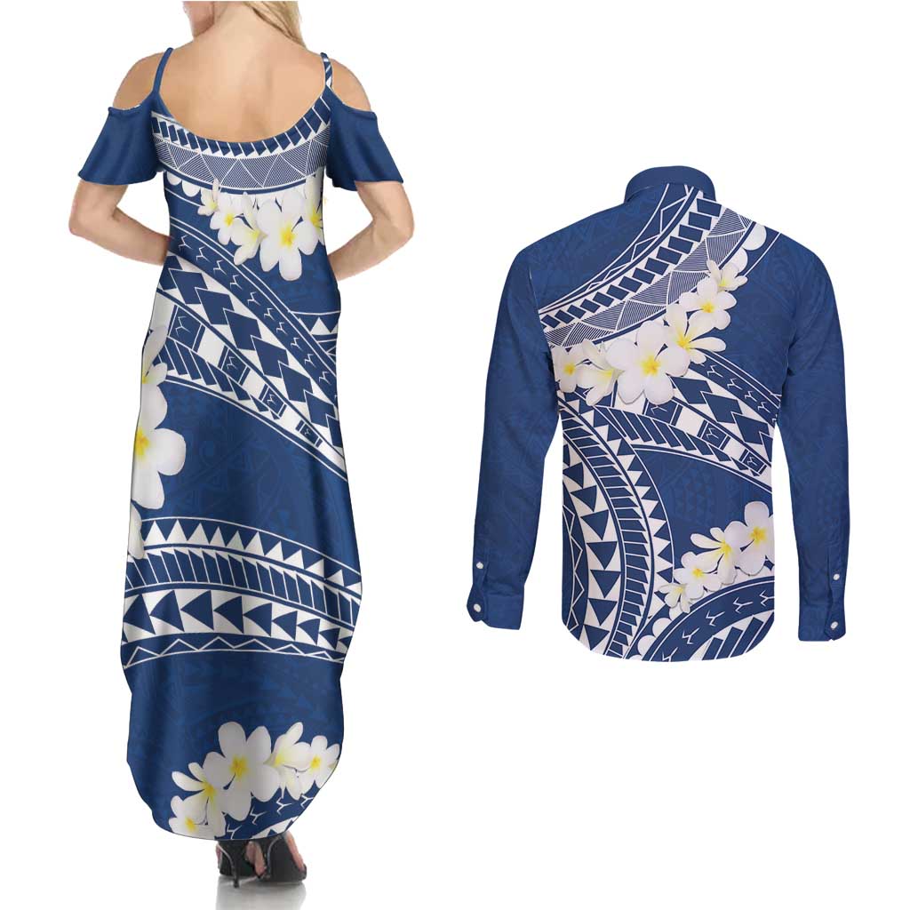 Polynesian Vintage Floral Couples Matching Summer Maxi Dress and Long Sleeve Button Shirt Navy Blue Motifs LT7 - Polynesian Pride