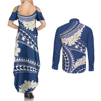 Polynesian Vintage Floral Couples Matching Summer Maxi Dress and Long Sleeve Button Shirt Navy Blue Motifs LT7 - Polynesian Pride