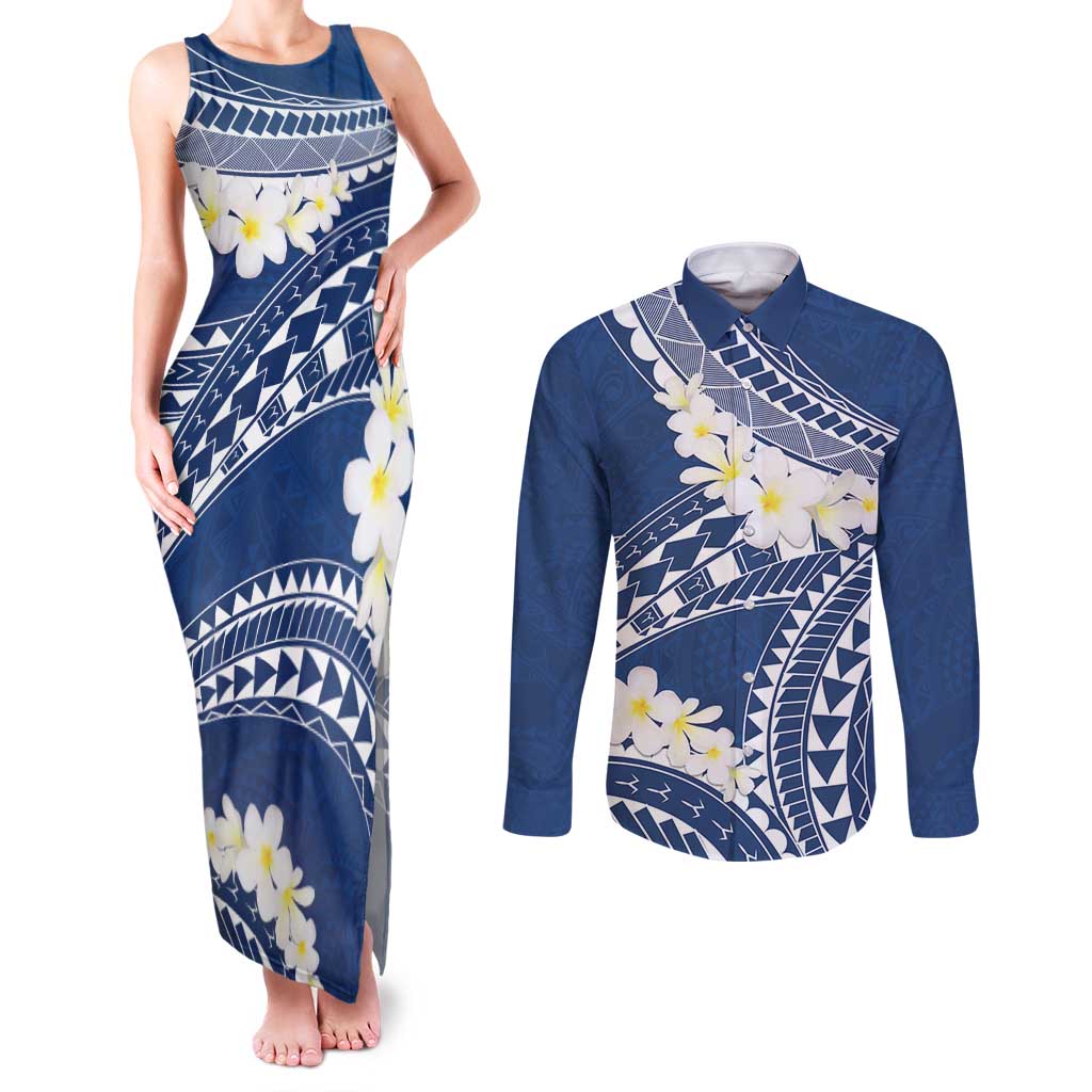 Polynesian Vintage Floral Couples Matching Tank Maxi Dress and Long Sleeve Button Shirt Navy Blue Motifs LT7 Navy Blue - Polynesian Pride