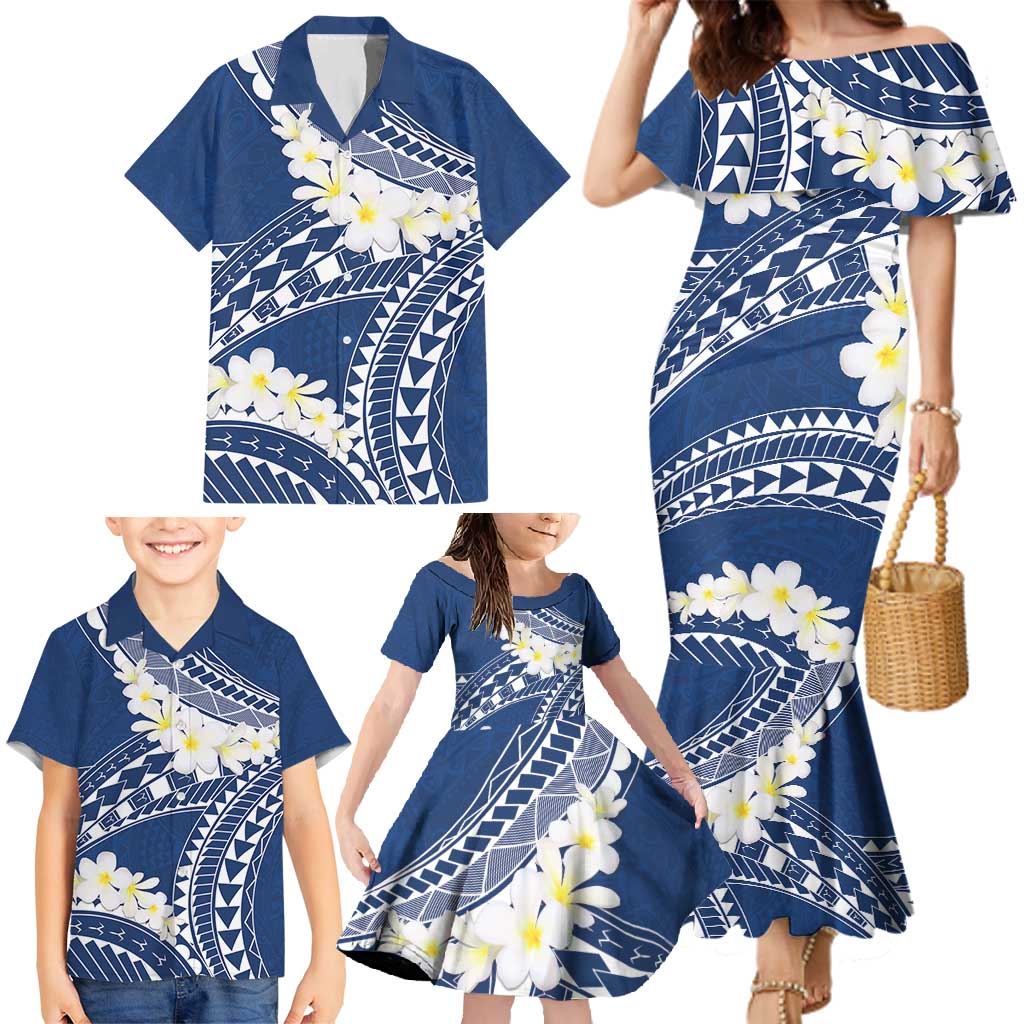 Polynesian Vintage Floral Family Matching Mermaid Dress and Hawaiian Shirt Navy Blue Motifs LT7 - Polynesian Pride