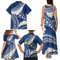 Polynesian Vintage Floral Family Matching Tank Maxi Dress and Hawaiian Shirt Navy Blue Motifs - Polynesian Pride