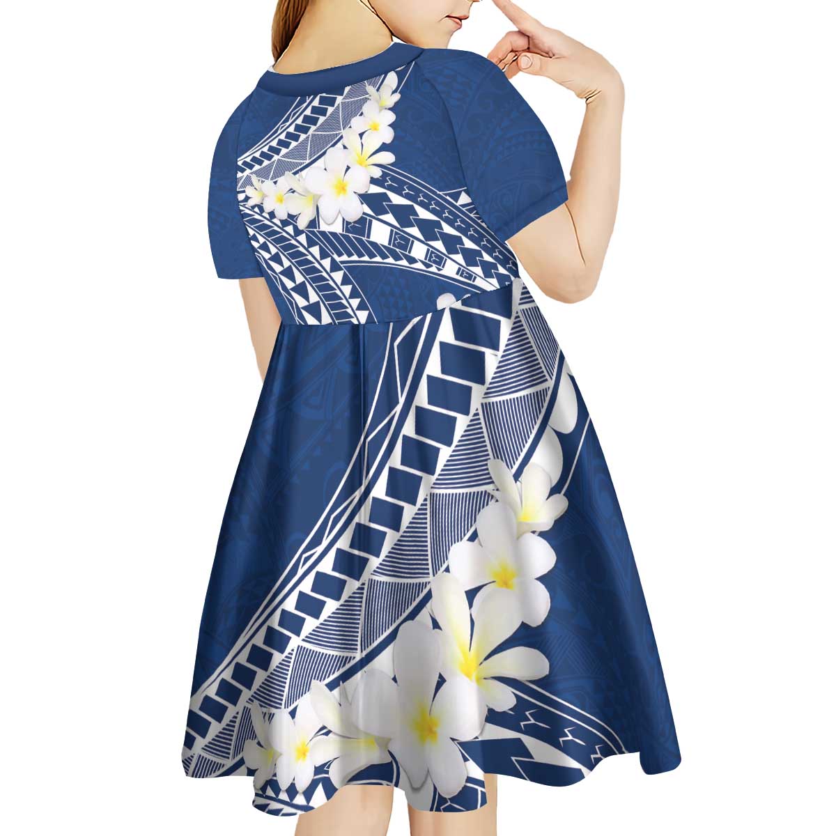 Polynesian Vintage Floral Kid Short Sleeve Dress Navy Blue Motifs - Polynesian Pride