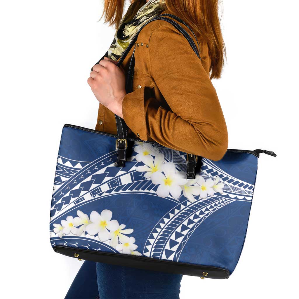 Polynesian Vintage Floral Leather Tote Bag Navy Blue Motifs - Polynesian Pride