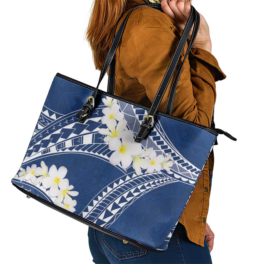 Polynesian Vintage Floral Leather Tote Bag Navy Blue Motifs - Polynesian Pride