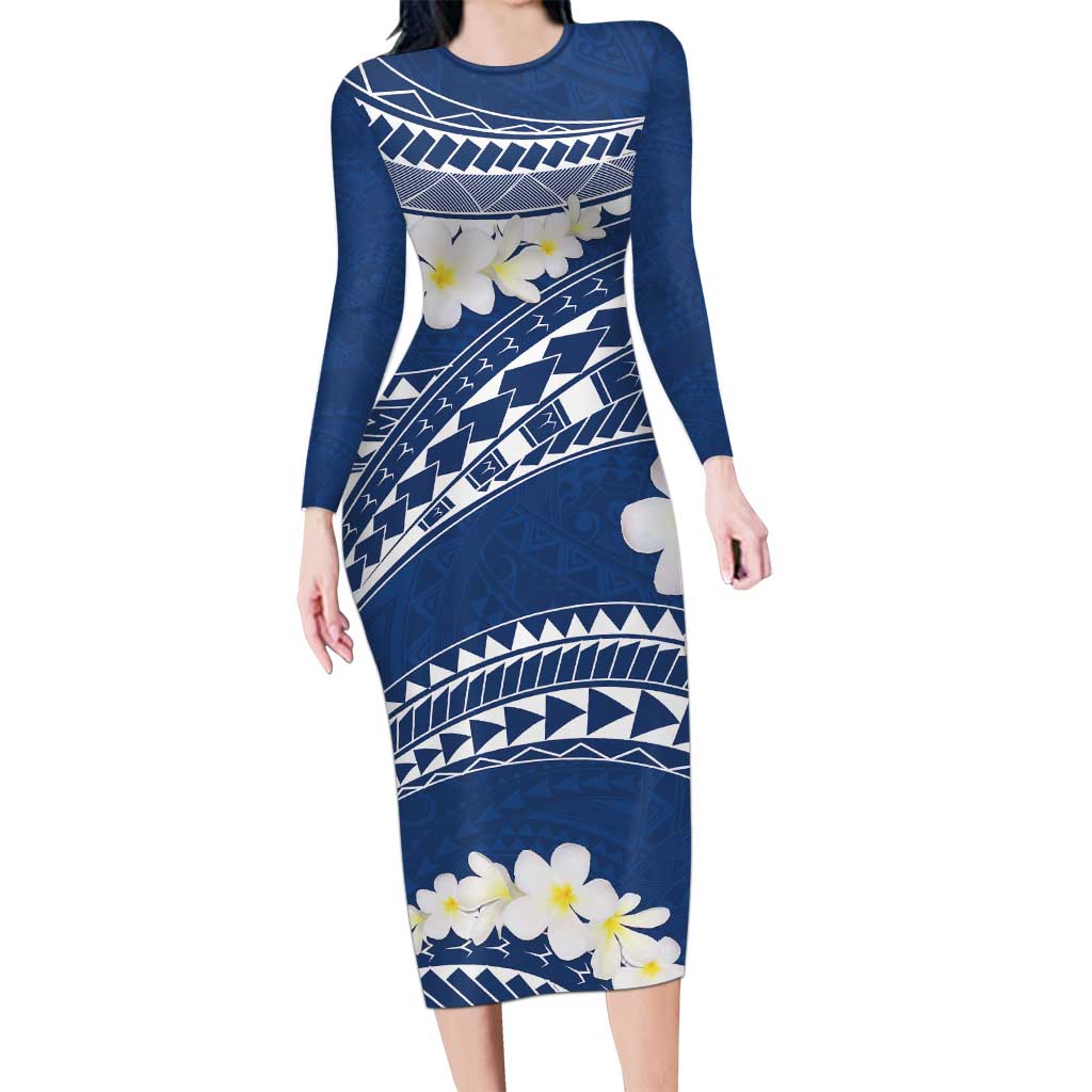 Polynesian Vintage Floral Long Sleeve Bodycon Dress Navy Blue Motifs - Polynesian Pride