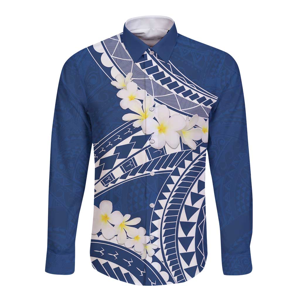 Polynesian Vintage Floral Long Sleeve Button Shirt Navy Blue Motifs - Polynesian Pride