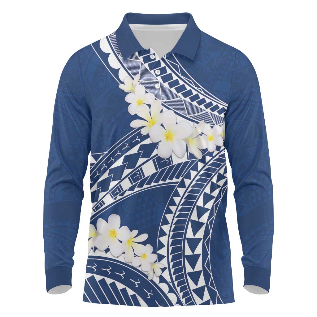 Polynesian Vintage Floral Long Sleeve Polo Shirt Navy Blue Motifs LT7 Navy Blue - Polynesian Pride